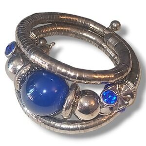 Silver Tone Chunky Wrap Bracelet Cobalt Blue Beads Statement Bracelet Armband